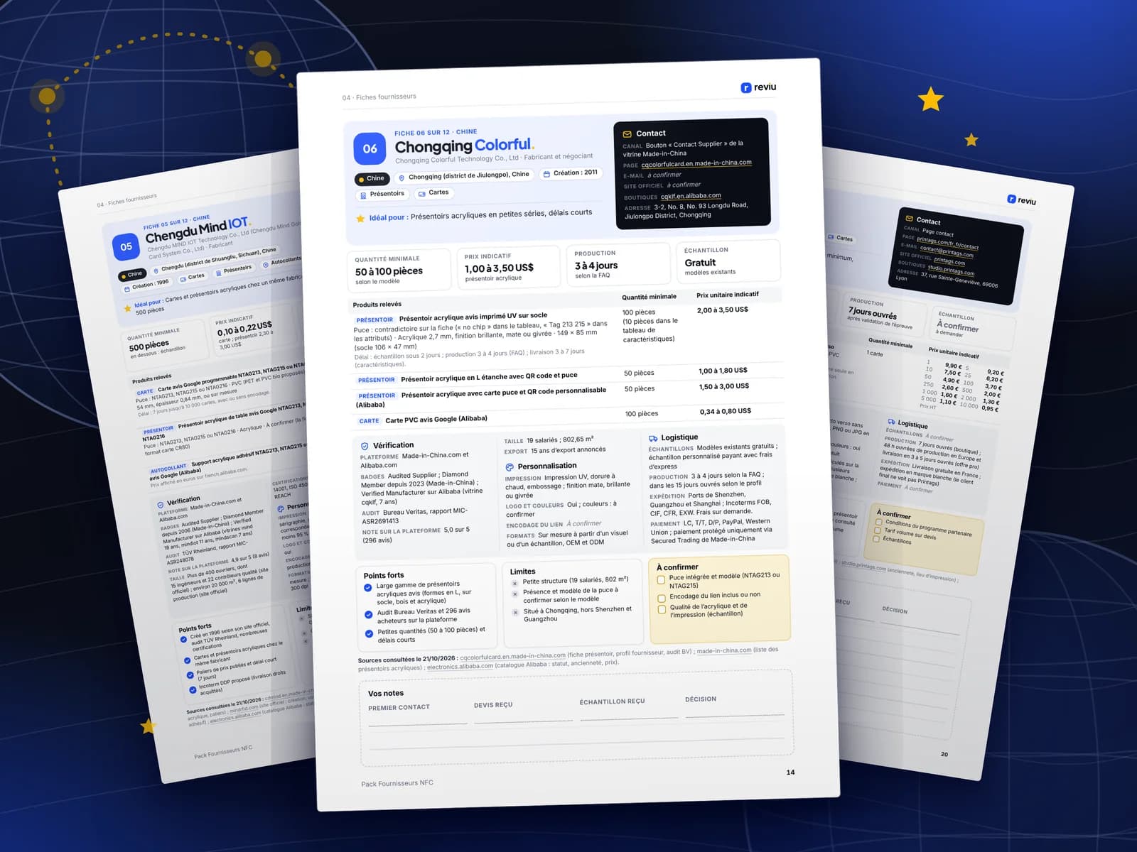 Pages intérieures du Pack Fournisseurs NFC : fiches fabricants