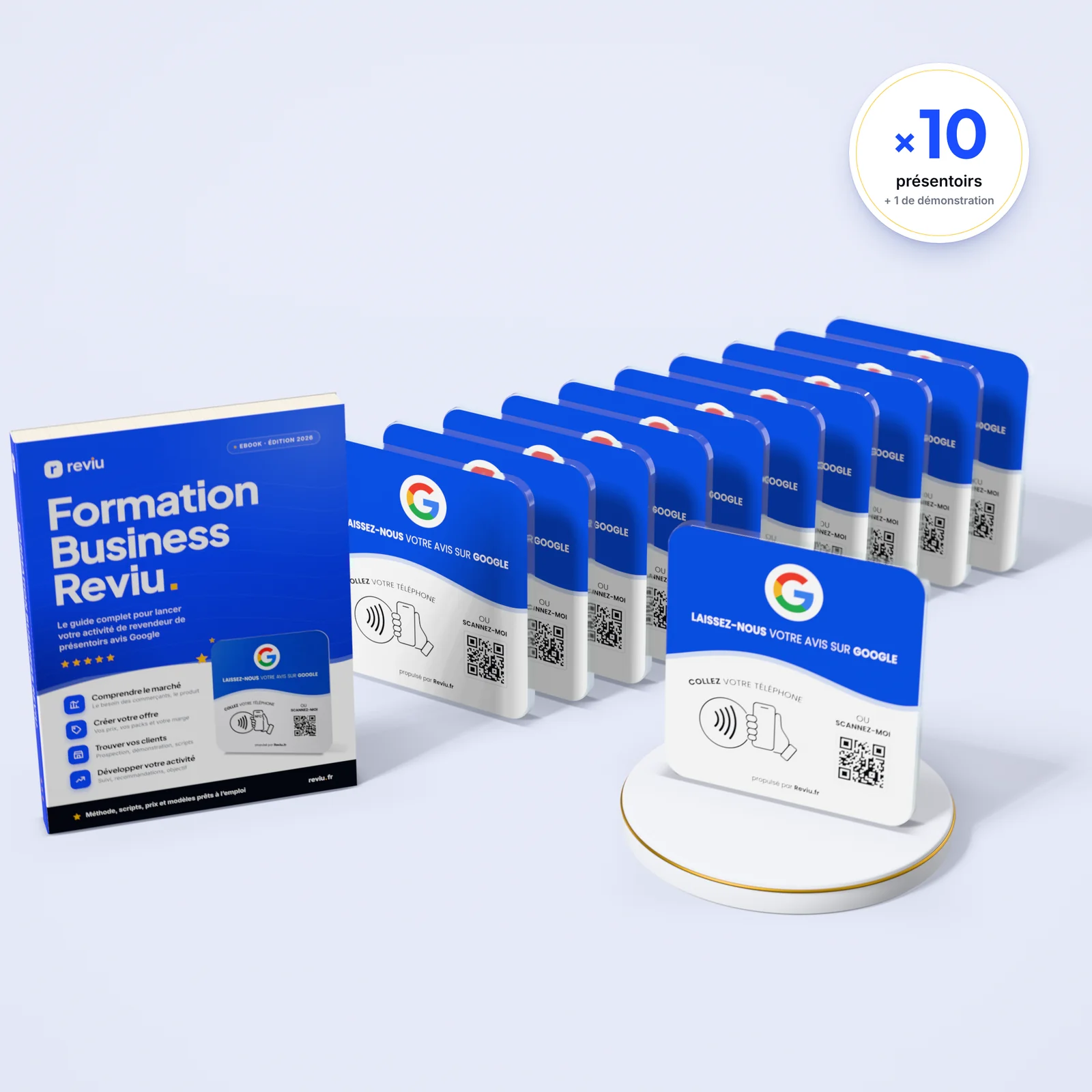 Pack Revendeur 10 : 10 Présentoirs Reviu, 1 présentoir de démonstration et l'ebook Formation Business