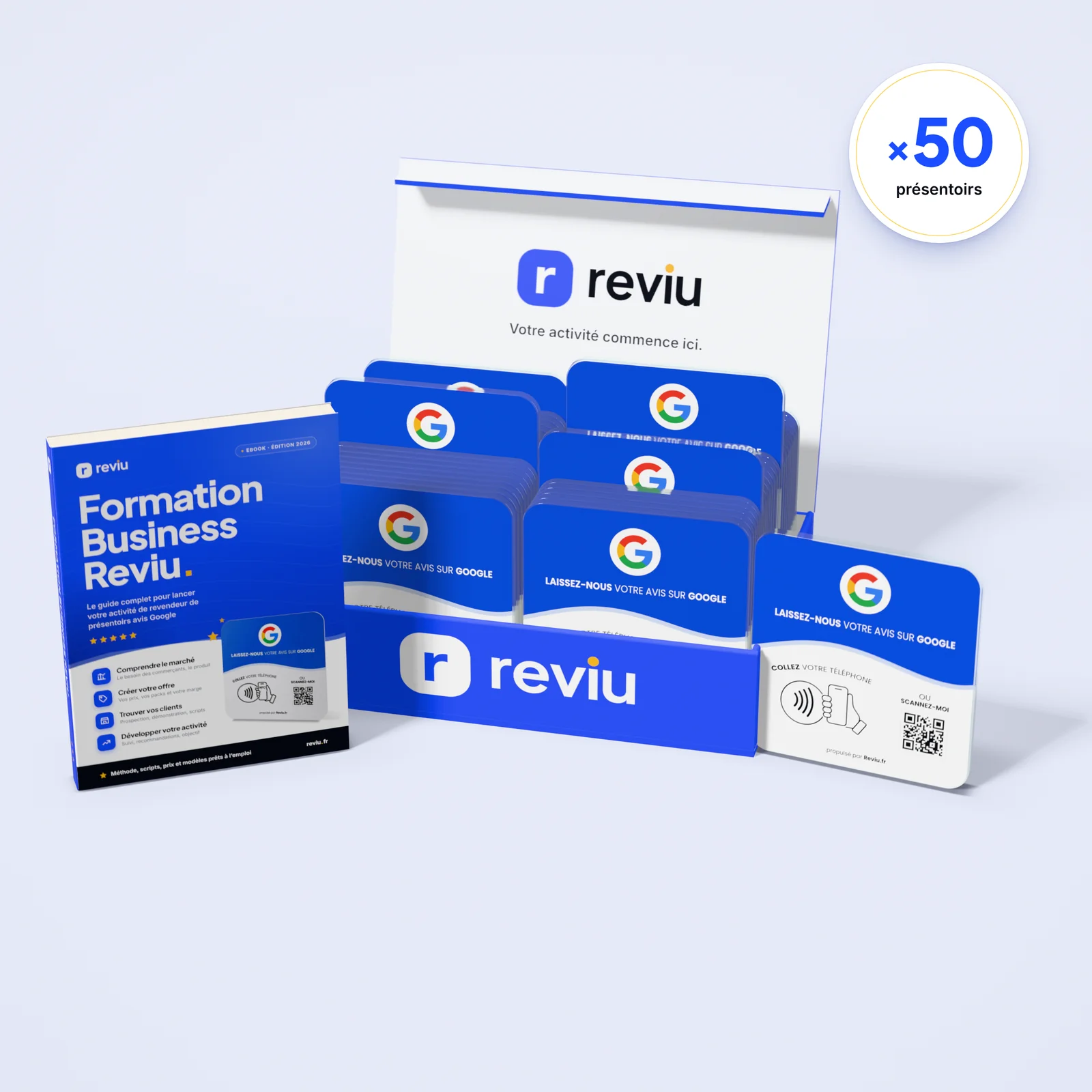 Pack Revendeur 50 : 50 Présentoirs Reviu et l'ebook Formation Business